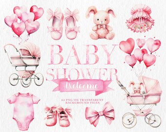 64 Watercolor Baby Shower Cliparts, Baby Shower Girl Clipart Pack, Baby Girl Stickers, Pink Nursery, Commercial Use, PNG Files