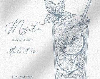 Ilustración de mojito dibujada a mano / Clipart de mojito / Archivos PNG SVG EPS para invitaciones y decoración de boda / Descarga digital / Bar de bebidas