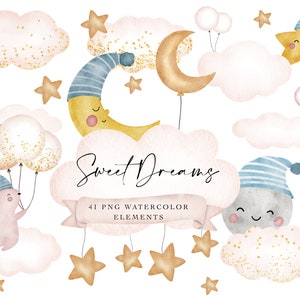 Sweet Dreams akwarela clipart, akwarela przedszkola, króliczek, księżyc, dzieci clipart, wystrój przedszkola, gwiazda, sztuka przedszkola, ładny akwarela clipart