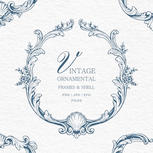 Puede incluir: Ilustración digital de marcos ornamentales vintage y diseños de conchas marinas en azul. El diseño central es un marco circular con elementos florales y de concha, con el texto "VINTAGE ORNAMENTAL FRAMES & SHELL FILES".