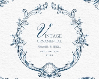 Marcos ornamentales vintage y clipart de conchas / Bordes decorativos rococó barrocos / Escudo de boda / Editable en Canva / Descarga digital