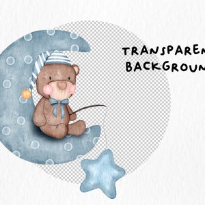 Puede incluir: Ilustraci&oacute;n en acuarela de un oso de peluche marr&oacute;n con gorro de dormir a rayas azules y blancas y pajarita, sentado en una luna creciente azul con lunares blancos. Una estrella azul cuelga de la luna. El texto "TRANSPARENT BACKGROUND" est&aacute; escrito en negro.