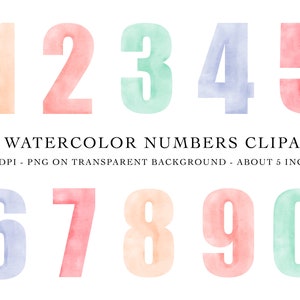 Aquarelle Numéros Pastel Clipart. Clip art numérique, Fichiers PNG individuels numériques, Téléchargement instantané, Numéros pastel, Numéros aquarelle
