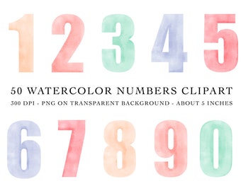Könnte beinhalten: Satz von zehn Aquarellzahlen von 1 bis 10 in Pastellrosa, Blau und Grün. Die Zahlen sind etwa 12,7 cm hoch und haben einen transparenten Hintergrund.