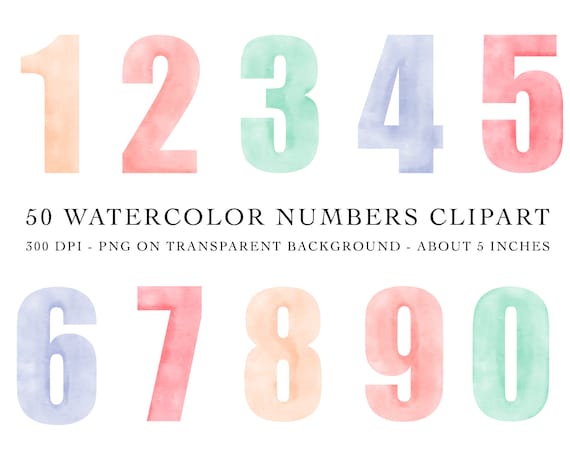 Watercolor Pastel Numbers Clipart. Numeral clip art, Digital individual PNG files, Instant download, Pastel numbers, Watercolor numbers