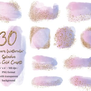 Rainbow and Gold Watercolor Elements Clipart, marcos de acuarela en formato PNG digital púrpura pastel descarga instantánea para uso comercial