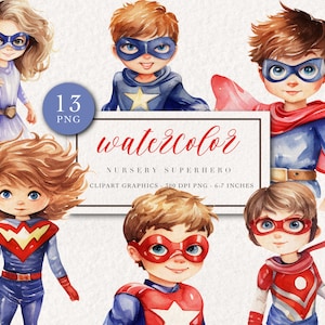 Coleção de super-heróis de berçário em aquarela, cliparts png aquarela, cliparts de berçário crianças super-heróis, download de aquarela png