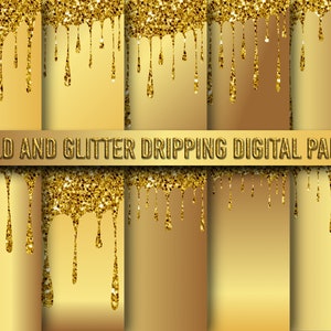 Dripping Gold Digital Paper, glitter and foil backgrounds with frosting drips printable scrapbook paper for commercial use