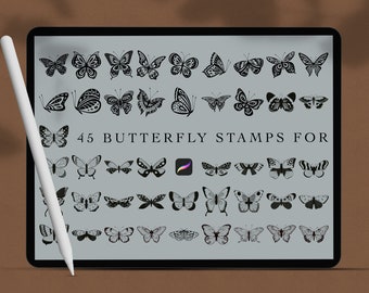 May include: A digital tablet displays 45 butterfly stamps in black against a gray background. The text "45 BUTTERFLY STAMPS FOR" is visible. A white stylus is positioned on the left side of the tablet. The butterflies vary in design and size.