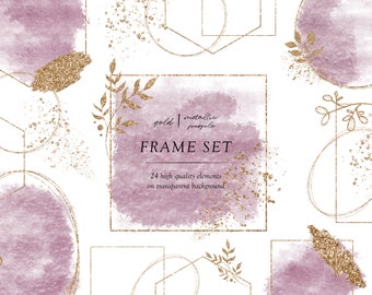 Superpositions de cadres dorés et aquarelles, Cadres en feuille d’or, Cadres floraux en or, Cadres aquarelles violets, Fleurs en or, PNG transparent