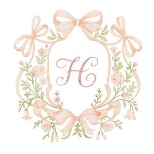 Blush Pink Watercolor Crest Frame | Floral Ribbon Wreath PNG | Monogram Frame Clipart with Transparent Background