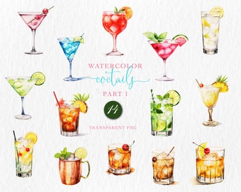 May include: Watercolor illustrations of various cocktails, including a pink martini with a cherry, a blue cocktail with a lime, and a red cocktail with an orange slice. The image includes the text "WATERCOLOR cocktails PART 1".
