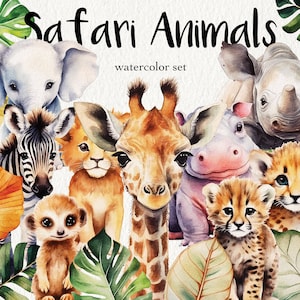 Watercolor Safari Baby Animals Clipart Set, Nursery Decor, Baby Shower, Printable Art