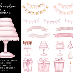 May include: A set of 50 watercolor birthday party elements, including cakes, banners, ribbons, gift boxes, candles, and party hats. The elements are pink and white with gold glitter accents. The image text reads "Happy Birthday".