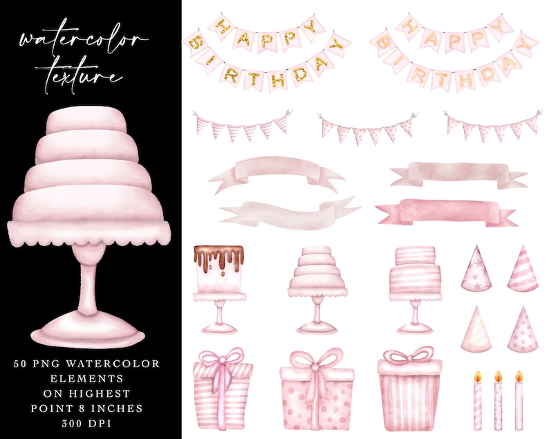 May include: A set of 50 watercolor birthday party elements, including cakes, banners, ribbons, gift boxes, candles, and party hats. The elements are pink and white with gold glitter accents. The image text reads "Happy Birthday".