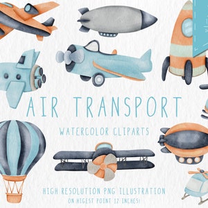 Air Transport Watercolor Clipart, Cartoon Cute Air Transport, Watercolor Boy Nursery, Digital PNG Files, Watercolor Airplane, Baby Boy