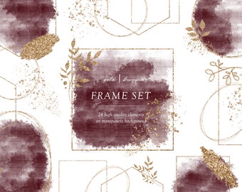 Watercolor Burgundy Splashes, Gold circles with burgundy red watercolor, Gold Foil Frames Clipart, Burgundy Invitations, Frame Overlays, PNG