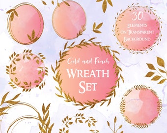 Arrangiamento clipart oro e rosa, corona d'oro e clipart cornice acquerello rosa, clipart cerchi, elementi di design floreale, testo Sfondi