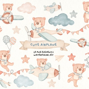 Kinderzimmer Aquarell Flugzeug, Süßes Flugzeug Aquarell, Baby Bär Illustration, digitale PNG Dateien, Aquarell Tiere, Vintage Spielzeug, Kinderzimmer