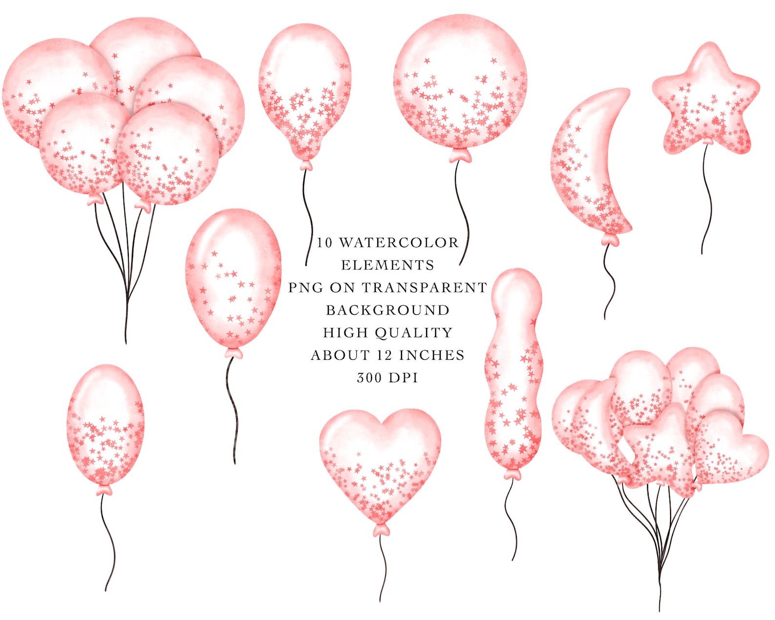 Watercolor Pink Balloons Clipart, Balloons Clipart Set, Birthday ...