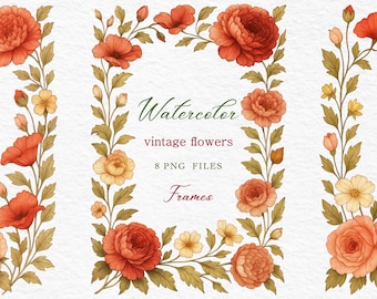 Marcos florales vintage de acuarela / Archivos PNG / Fondo transparente / Clipart de boda botánica / Bordes florales para invitaciones y tarjetas
