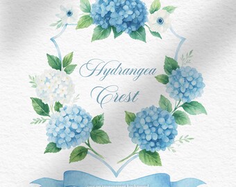 Escudo de hortensias en acuarela – Clipart floral – Marco de hortensias azul y blanco con lazo – Fondo PNG transparente – Escudo de boda