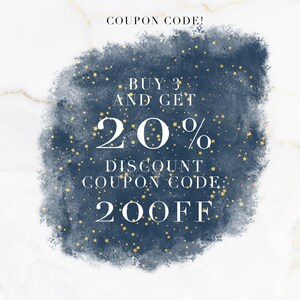 May include: A promotional graphic with the text "COUPON CODE! BUY 3 AND GET 20% DISCOUNT COUPON CODE: 20OFF" on a navy blue watercolour background with gold stars, set against a white and gold marble texture.