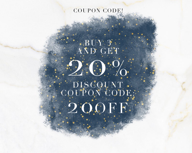 May include: A promotional graphic with the text "COUPON CODE! BUY 3 AND GET 20% DISCOUNT COUPON CODE: 20OFF" on a navy blue watercolour background with gold stars, set against a white and gold marble texture.