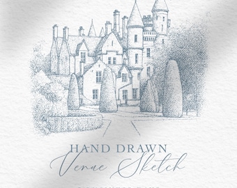 Retrato de lugar personalizado / Ilustración de boda dibujada a mano / Boceto de iglesia, castillo o lugar / Descarga digital PNG SVG EPS