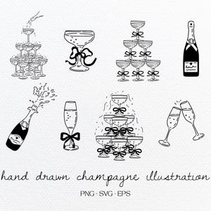 Ilustração de champanhe Whimscile desenhada à mão, conjunto de torre de champanhe desenhada à mão, pacote de ilustração de champanhe, clipart desenhado à mão para casamento