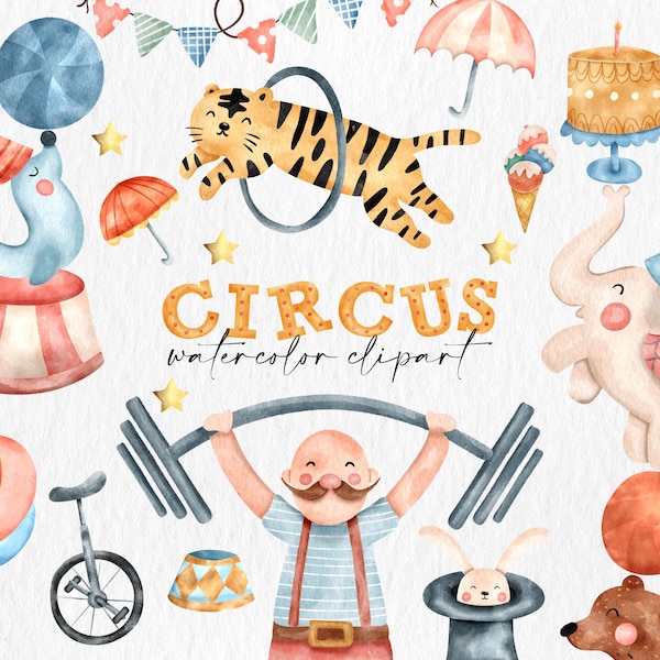 Circus Watercolor Clipart Set, Circus Digital Elements PNG, Circus Nursery Clipart, Circus party, Circus Invitation, Nursery Decor Baby