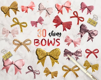 May include: A set of 30 shiny bows in gold, pink, and red colors. The bows are made of glitter and have a sparkly finish. The text "30 shiny bows" is written in a decorative font.