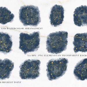 May include: Twelve gold constellation designs on navy blue watercolour backgrounds. Each design features a zodiac symbol with connecting stars. The text reads "12 GOLD AND WATERCOLOR ARRANGEMENT" and "4 INCHES HIGHEST POINT".