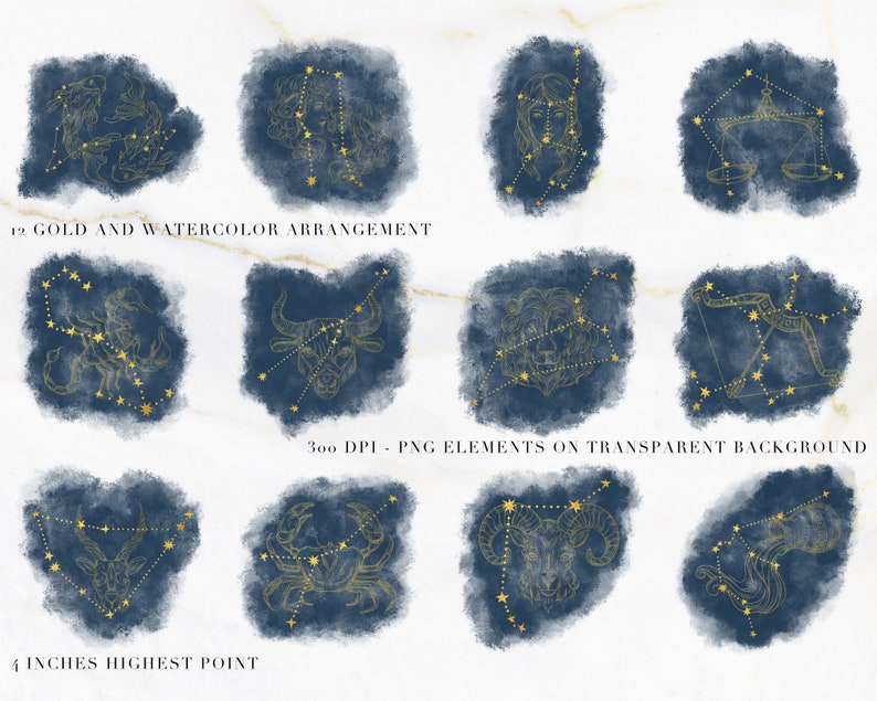 May include: Twelve gold constellation designs on navy blue watercolour backgrounds. Each design features a zodiac symbol with connecting stars. The text reads "12 GOLD AND WATERCOLOR ARRANGEMENT" and "4 INCHES HIGHEST POINT".