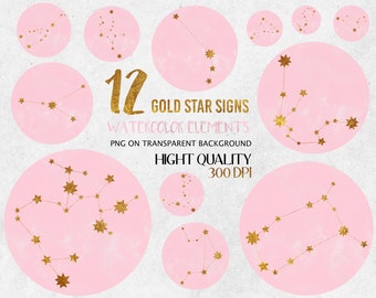 Pink watercolor Zodiac Signs clipart, Constellations  zodiac Clipart, Zodiac Symbols, Magic illustrations Gold Horoscope png,