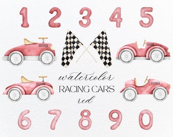 Clipart PNG de coches de carreras de acuarela en rojo, coches de carreras de acuarela para guardería, coches de carreras para bebés, coches de carreras rojos PNG, colección de baby shower, archivos PNG