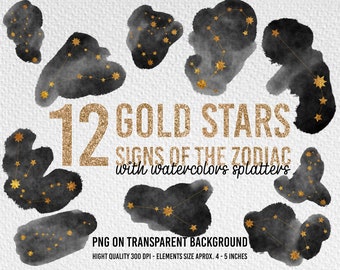 Gold zodiac constellations clipart, Black Zodiac clipart, Watercolor zodiac, Astrology, Celestial clipart, Zodiac overlays, Black zodiac