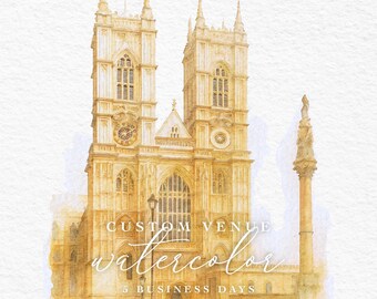 Acuarela personalizada de un lugar de iglesia / Retrato pintado a mano de un lugar de boda / Ilustración personalizada de una iglesia / Descarga digital