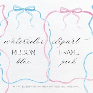 Cornice con nastro acquerello rosa e blu, Clipart acquerello matrimonio, Uso commerciale gratuito, Download digitale, Bordi pastello PNG, Baby Shower