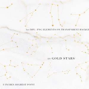 May include: Gold constellation graphics on a white marble background. The image features 12 gold star constellations, with the highest point measuring 15 cm. Text on the image reads "300 DPI - PNG ELEMENTS ON TRANSPARENT BACKGROUND" and "12 GOLD STARS".