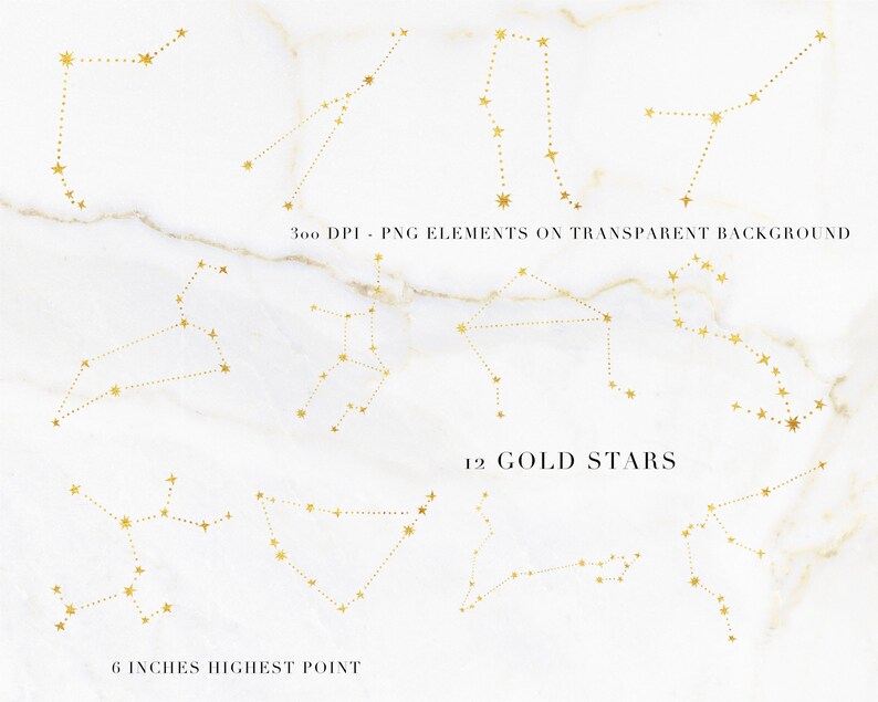 May include: Gold constellation graphics on a white marble background. The image features 12 gold star constellations, with the highest point measuring 15 cm. Text on the image reads "300 DPI - PNG ELEMENTS ON TRANSPARENT BACKGROUND" and "12 GOLD STARS".