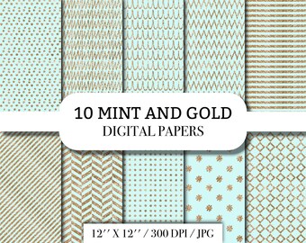 Gold glitter and mint Digital Papers, 12x12 Scrapbooking Paper, sparkle invitations, scrapbooking download