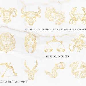 May include: Gold illustrations of zodiac signs, including Aries, Taurus, Gemini, Cancer, Leo, Virgo, Libra, Scorpio, Sagittarius, Capricorn, Aquarius, and Pisces. The text reads "12 GOLD SIGN" and "4 INCHES HIGHEST POINT". The images are on a white marble background.