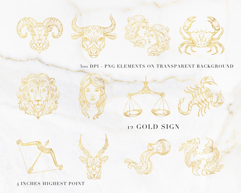 May include: Gold illustrations of zodiac signs, including Aries, Taurus, Gemini, Cancer, Leo, Virgo, Libra, Scorpio, Sagittarius, Capricorn, Aquarius, and Pisces. The text reads "12 GOLD SIGN" and "4 INCHES HIGHEST POINT". The images are on a white marble background.