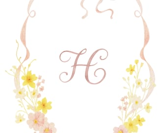 Marco con cresta de acuarela rosa ruborizado / Corona floral amarilla PNG / Marco de monograma Clipart con fondo transparente