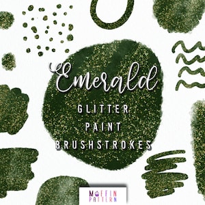 Emerald splashes with gold gitter dust, dark green brush stroke design kit, commercial use, bottle green watercolor and glitter confetti