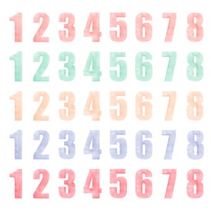 Pu&ograve; includere: Cinque file di numeri ad acquerello, da 0 a 9, in cinque diversi colori pastello: rosa, verde, pesca, blu e rosso.