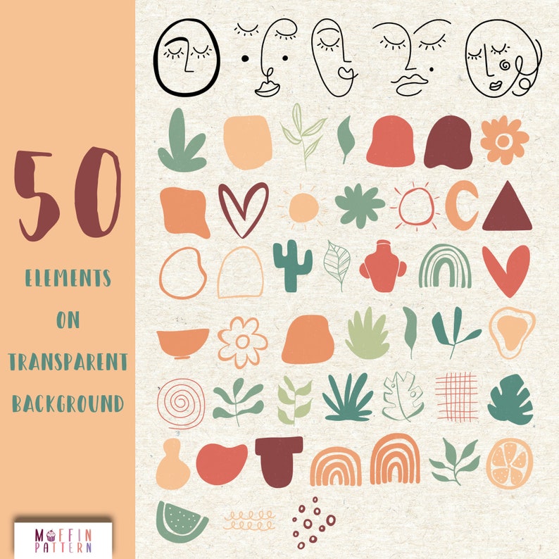 Peut inclure: Un ensemble de 50 illustrations dessin&eacute;es &agrave; la main sur un fond transparent. Les illustrations comprennent des formes abstraites, des fleurs, des feuilles et des visages dans une vari&eacute;t&eacute; de couleurs, notamment le rouge, l'orange, le jaune, le vert et le bleu.
