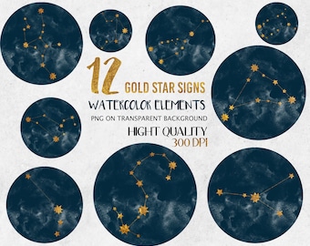 Zodiac constellation clipart. Navy blue Star Signs Watercolor , Celestial clip art, Zodiac illustration, Astrology clipart PNG