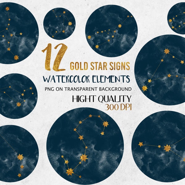 Zodiac constellation clipart. Navy blue Star Signs Watercolor , Celestial clip art, Zodiac illustration, Astrology clipart PNG